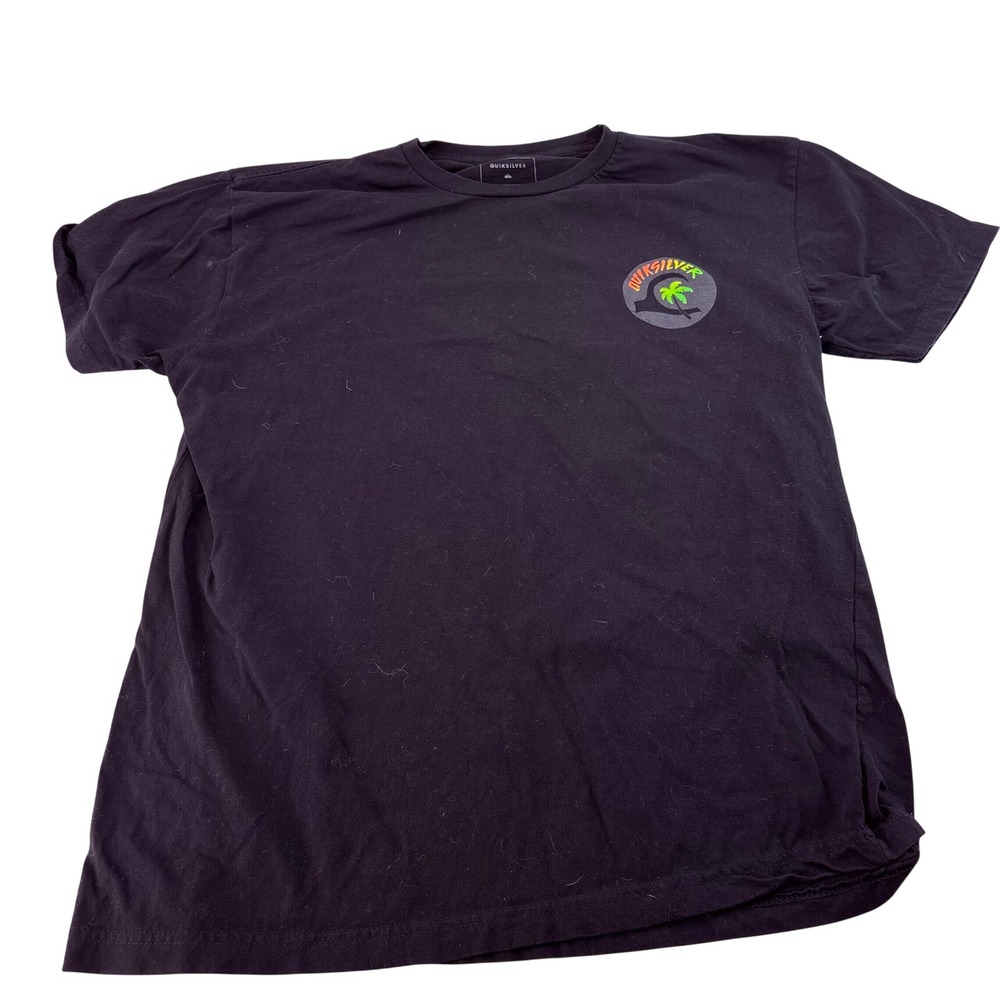 Quiksilver Mens Large Black Graphic T-Shirt Neon Palm Tree Wave Regular Fit‎ L